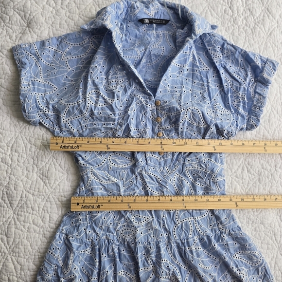Zara Embroidered Cutout Tiered Eyelet Maxi Shirt Dress XS Light Blue - Picture 16 of 16